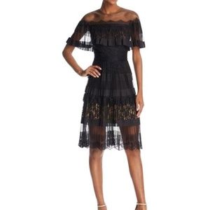 Tadashi Shoji Black Nude Illusion A Line V Pleated